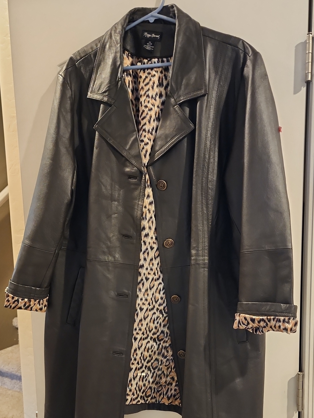 Maggie Barnes Black Leather Trench with Leopard-Print Lining